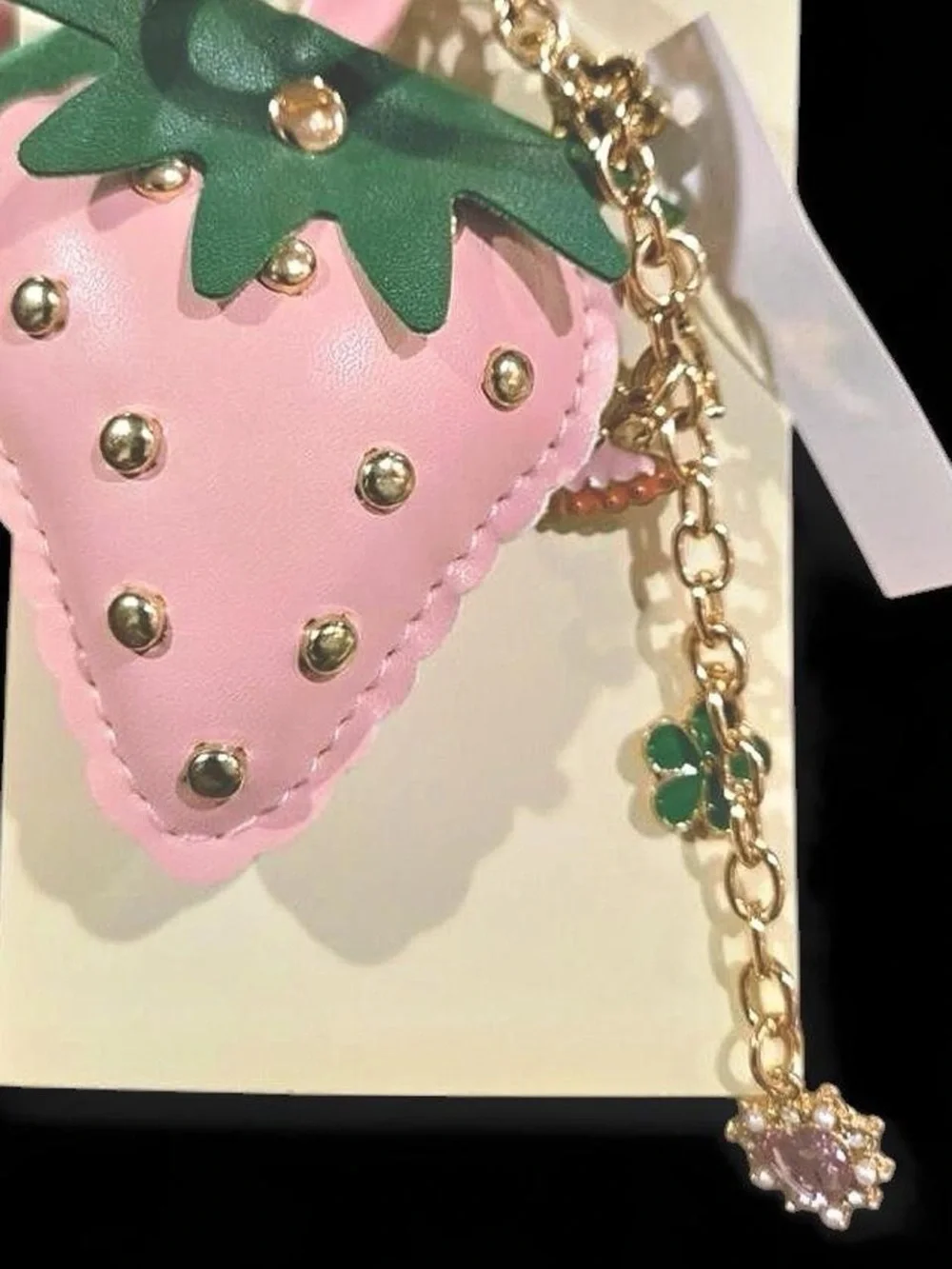 Pink Strawberry Charm Keychain with Green Leaf Accents